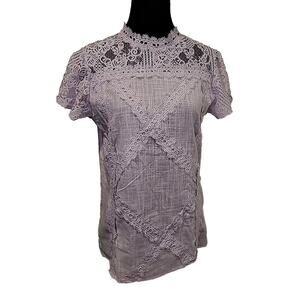 Coeur de Vague Lavender/purple Lace Trim Mock Neck Short Sleeve Top Size S